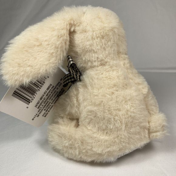 6" Cream Colored Baby Bunny Black and Cream Check Bow Stuffed Animal - Picture 6 of 12